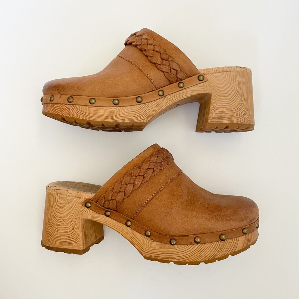 Kork Ease Tilly Clogs Tan Braided Leather Studded Heeled Slip On Wood Mules - Picture 12 of 12